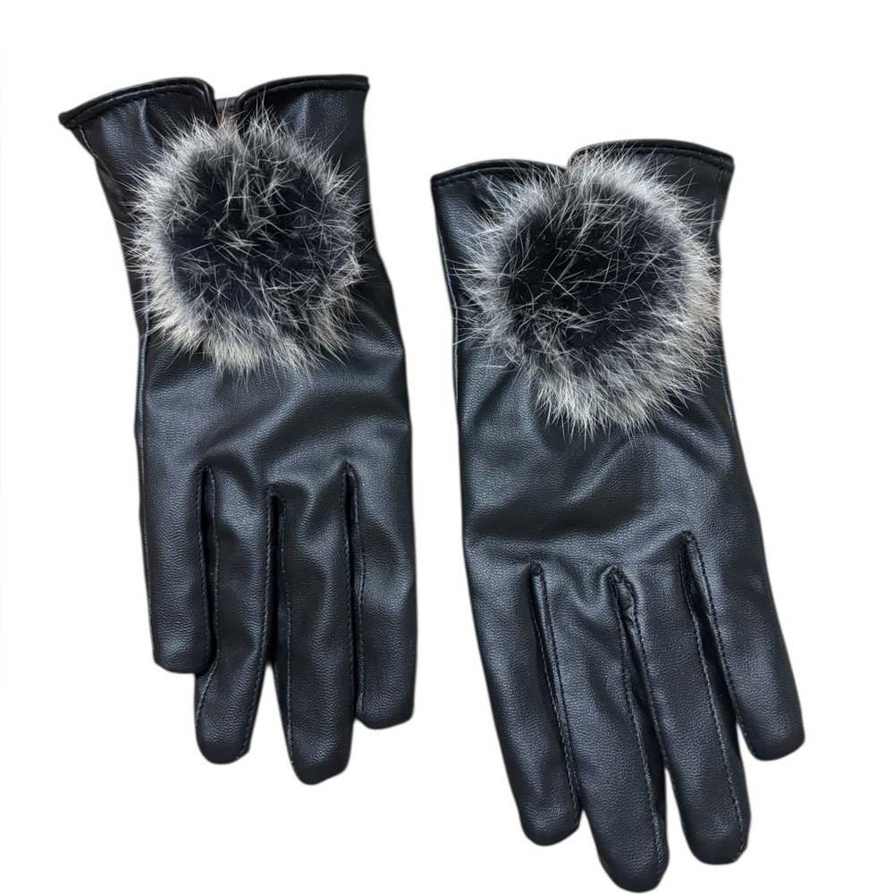 Black Faux Leather Gloves Fur Accent Puff Small